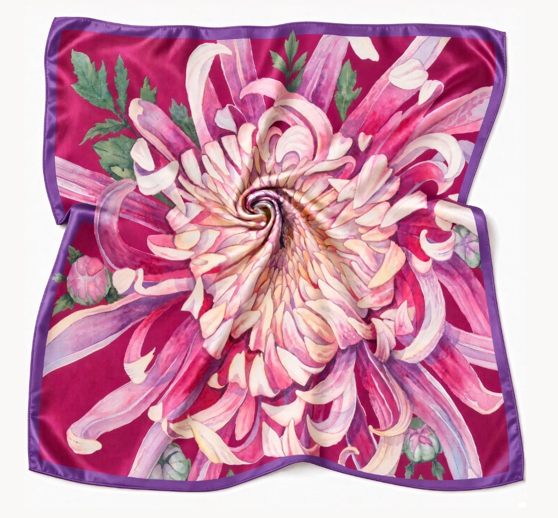 Flower Silk Scarf Dahlia | Pink Red Color