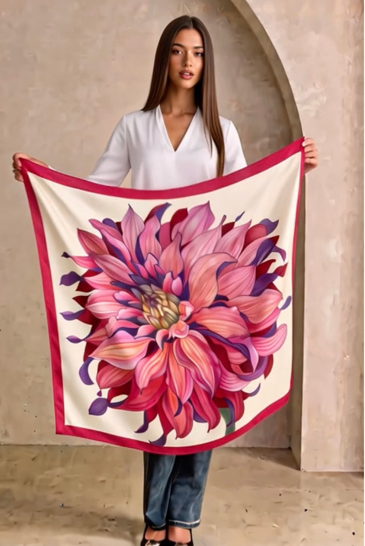 Flower Silk Scarf Сhrysanthemum | White and Red Color