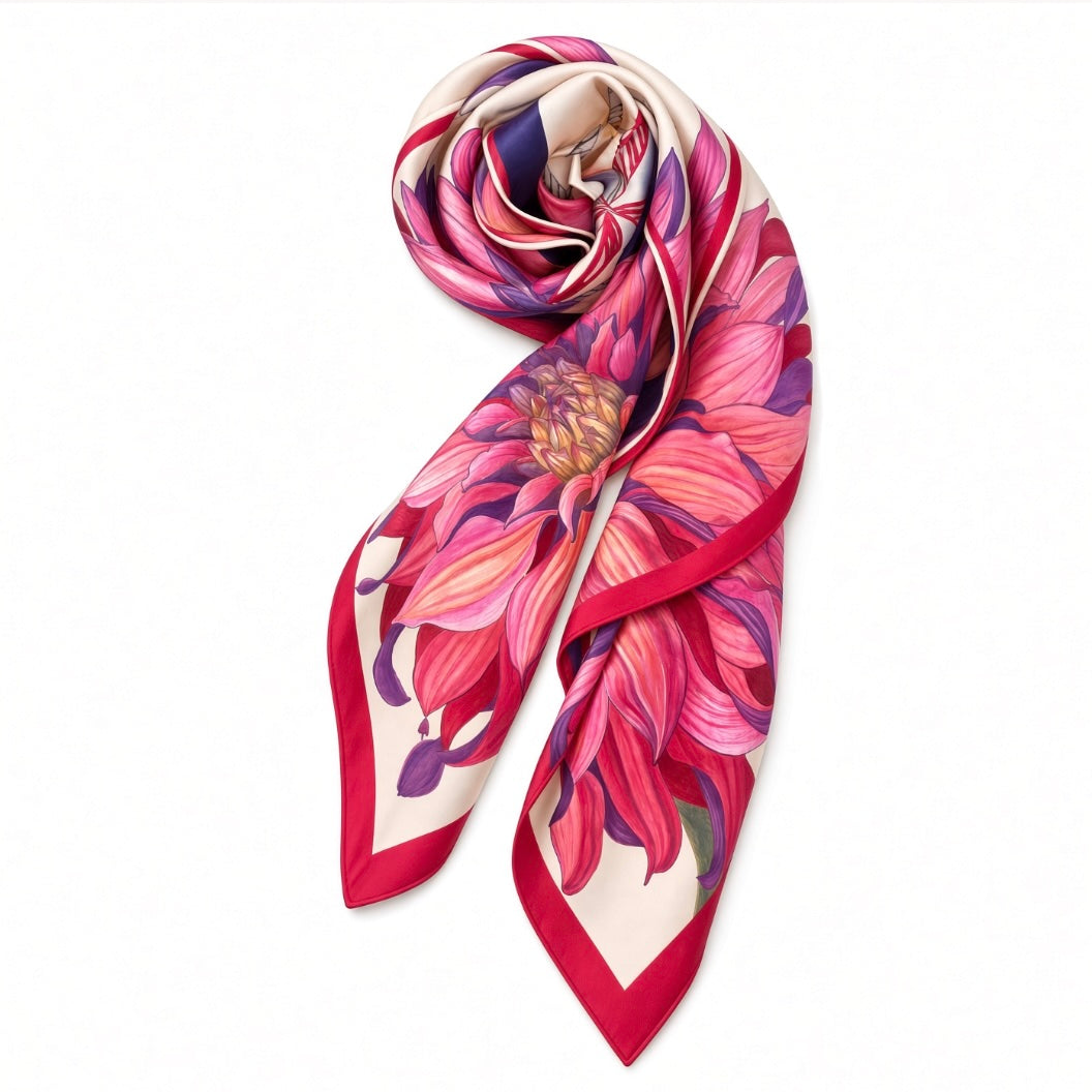 Flower Silk Scarf Сhrysanthemum | White and Red Color